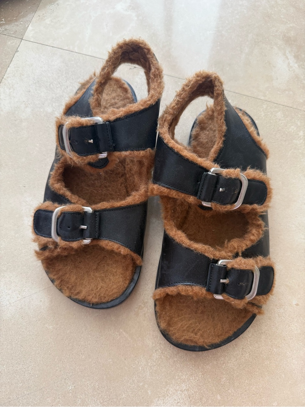 Black Fur Lined Women’s Sandals with Brown Trim